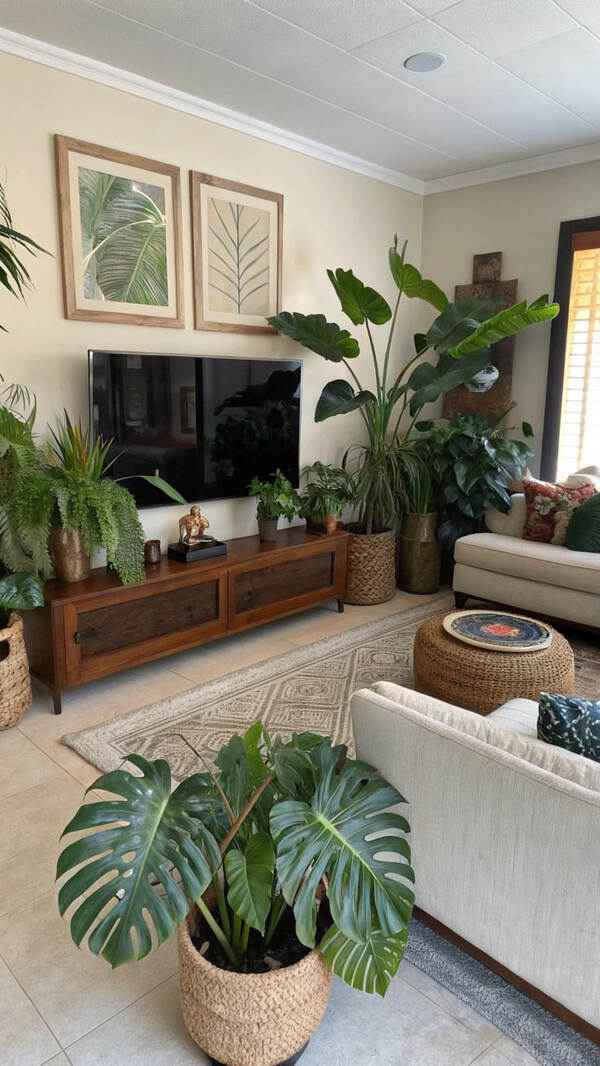 Indoor potted plants arranged in a bright white living space